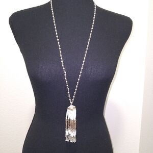 Vintage Gold & White Beaded Tassel Elegant Necklace